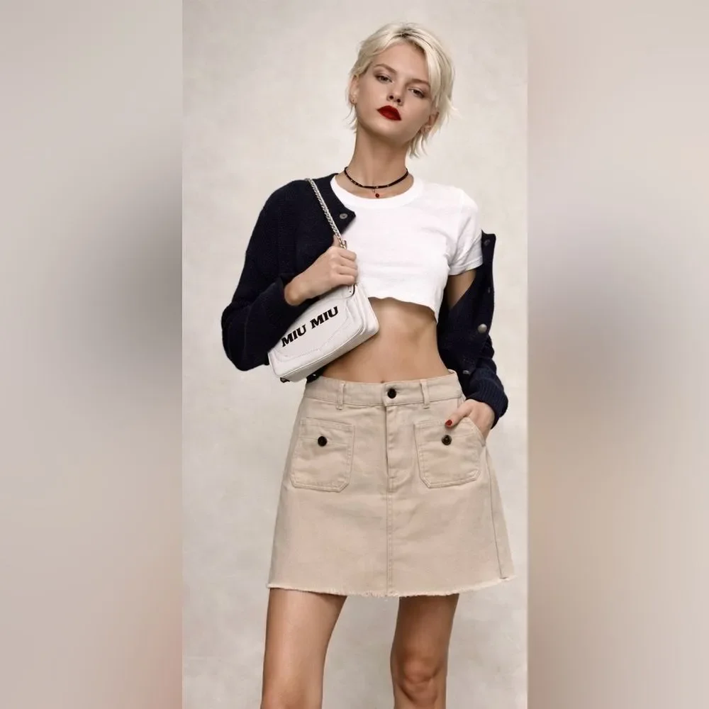 Miu Miu Denim Logo Embroidered Mini Skirt